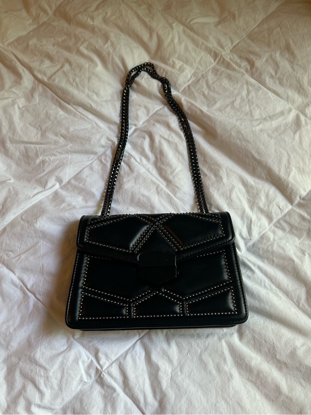 Studded Black Leather Shoulder Bag with Chain Strap